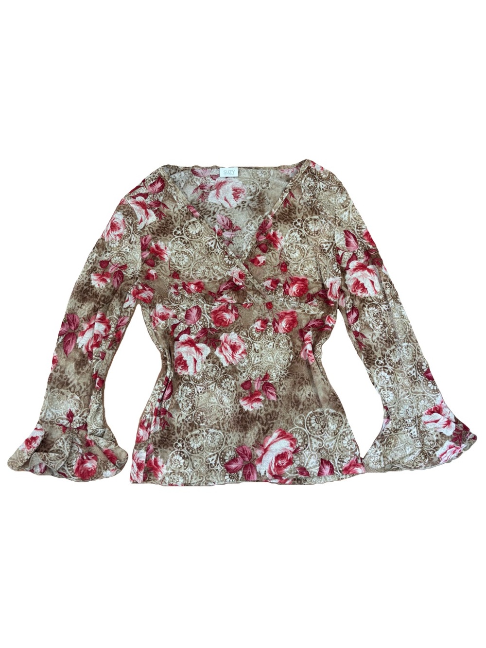 Suzy Shier Floral V-Neck Bell Sleeve Top - Pink & Brown